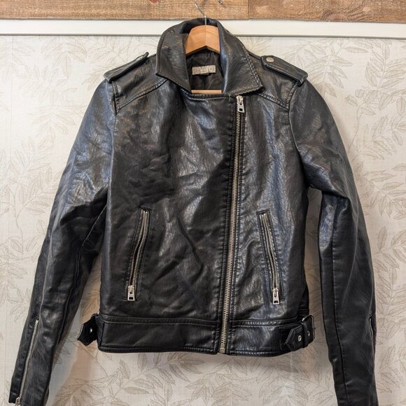 Topshop Faux Leather Moto Jacket Black Size 6 Vintage Style Full Zip - Picture 2 of 13